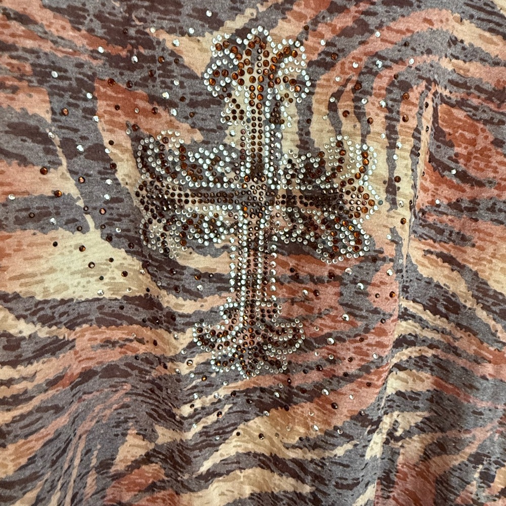 Lady Noiz Animal Print Top with Rhinestone Cross Accent - Rust, Brown, Cream